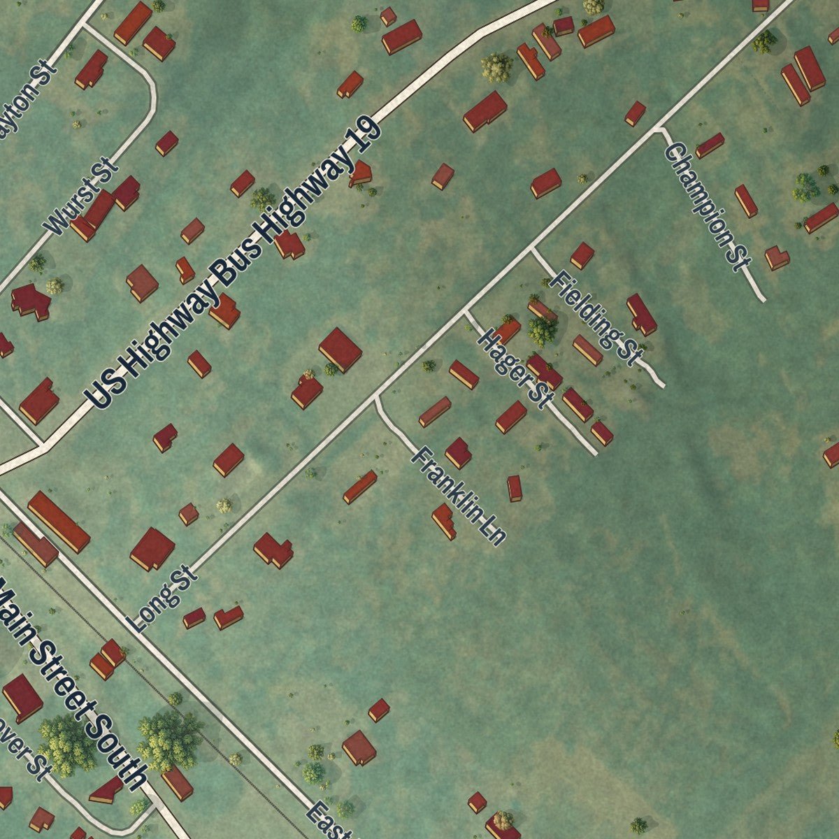 Second close-up of the map of Ochlocknee, Georgia print showing more streets and buildings