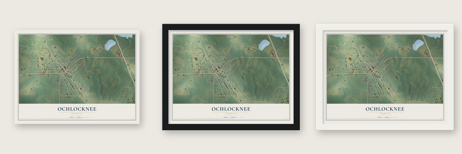 Ochlocknee, Georgia map unframed, in a black wood frame and in a white wood frame