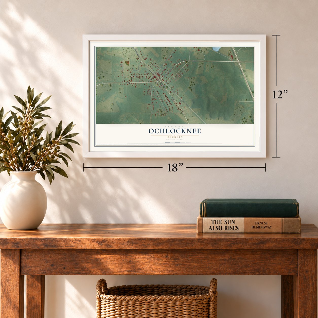 Ochlocknee, Georgia map, 12 x 18 inch print in a white frame in an entryway