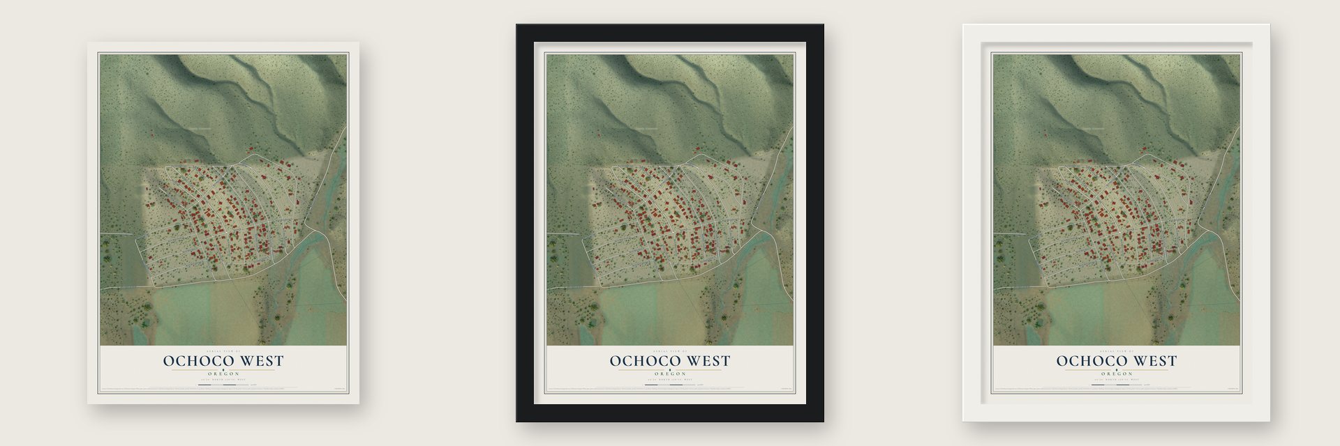 Ochoco West, Oregon map unframed, in a black wood frame and in a white wood frame