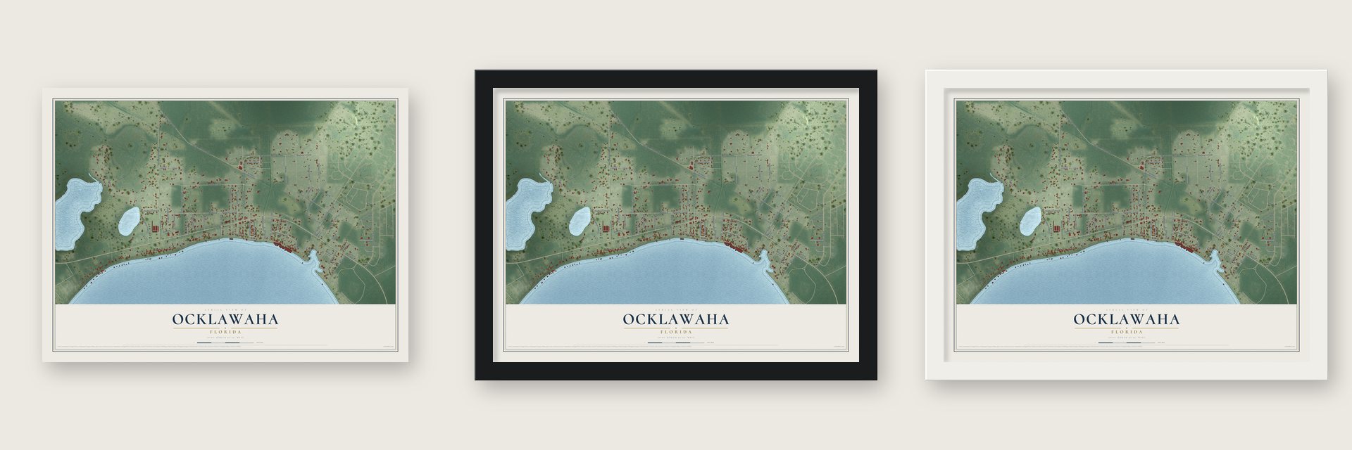 Ocklawaha, Florida map unframed, in a black wood frame and in a white wood frame