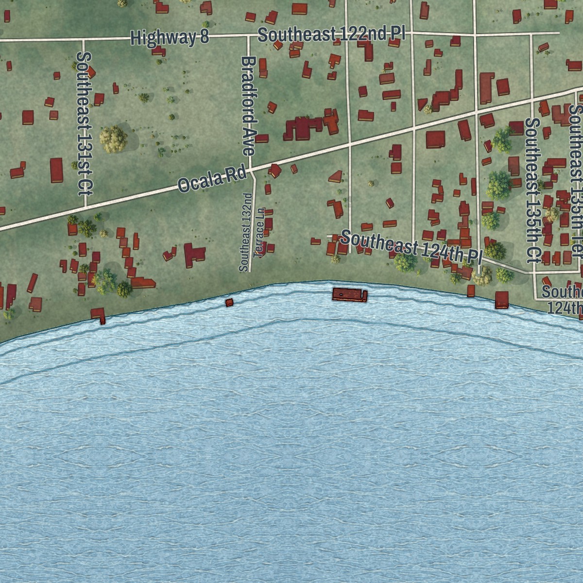 Second close-up of the map of Ocklawaha, Florida print showing more streets and buildings