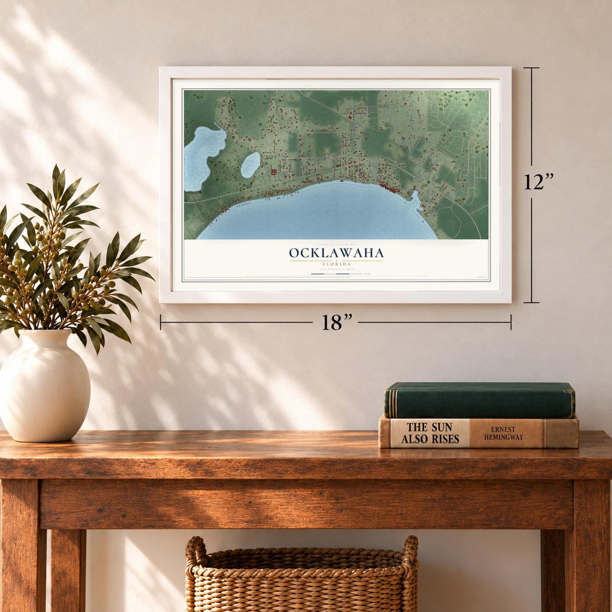 Ocklawaha, Florida map, 12 x 18 inch print in a white frame in an entryway