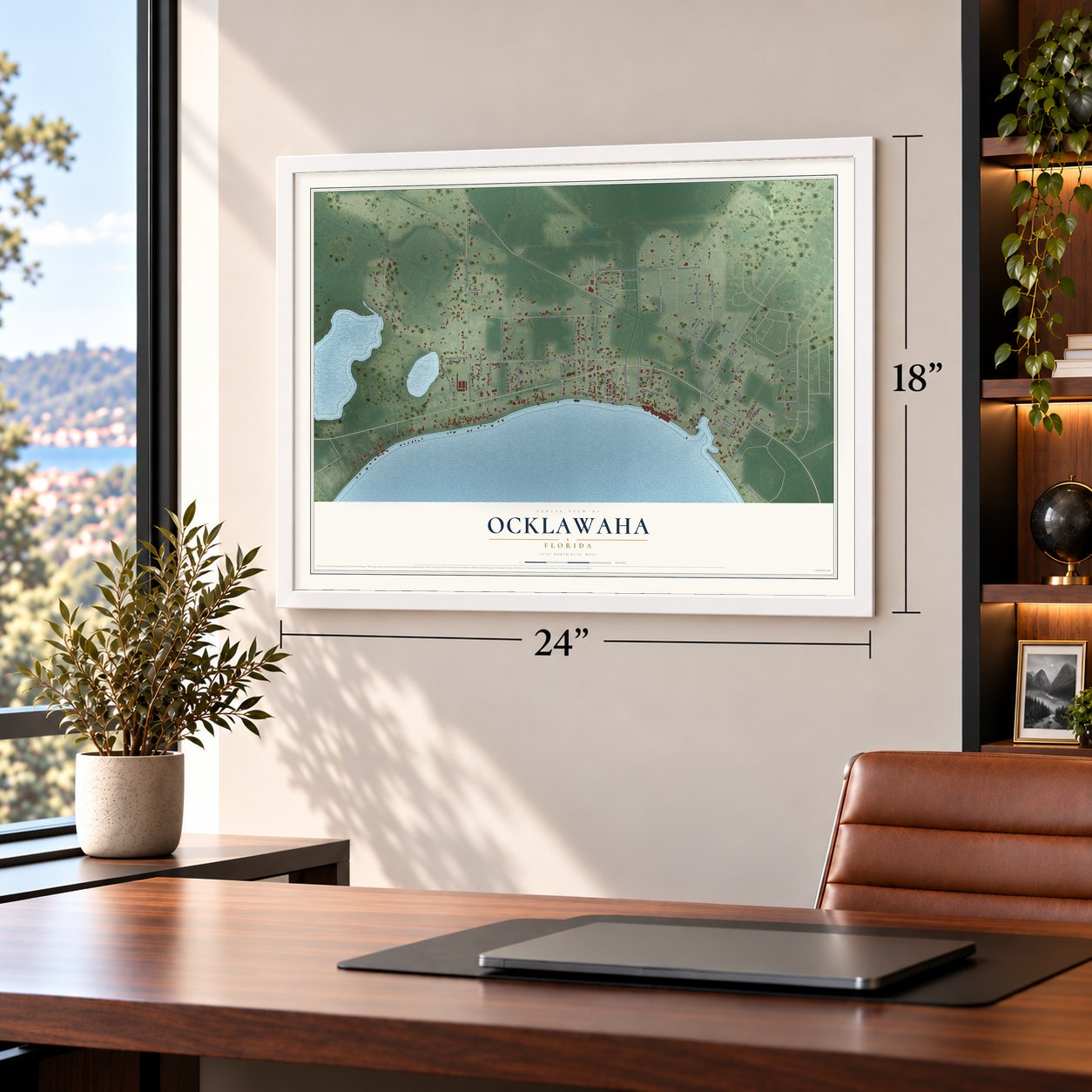 Ocklawaha, Florida map, 18 x 24 inch print in a white frame in a home office
