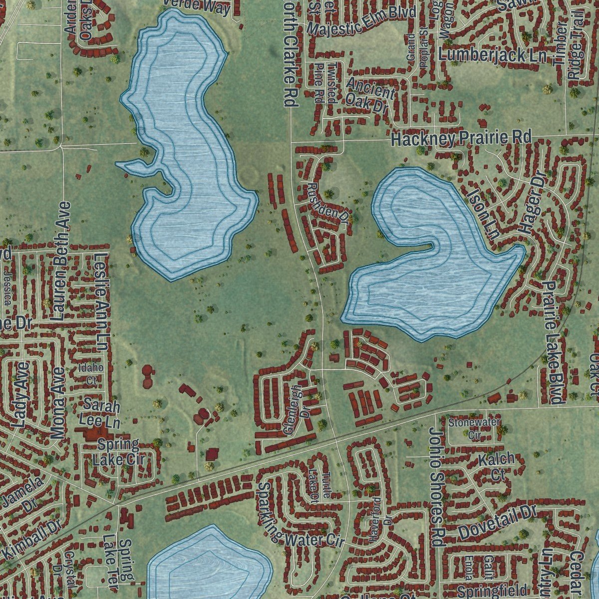 Second close-up of the map of Ocoee, Florida print showing more streets and buildings