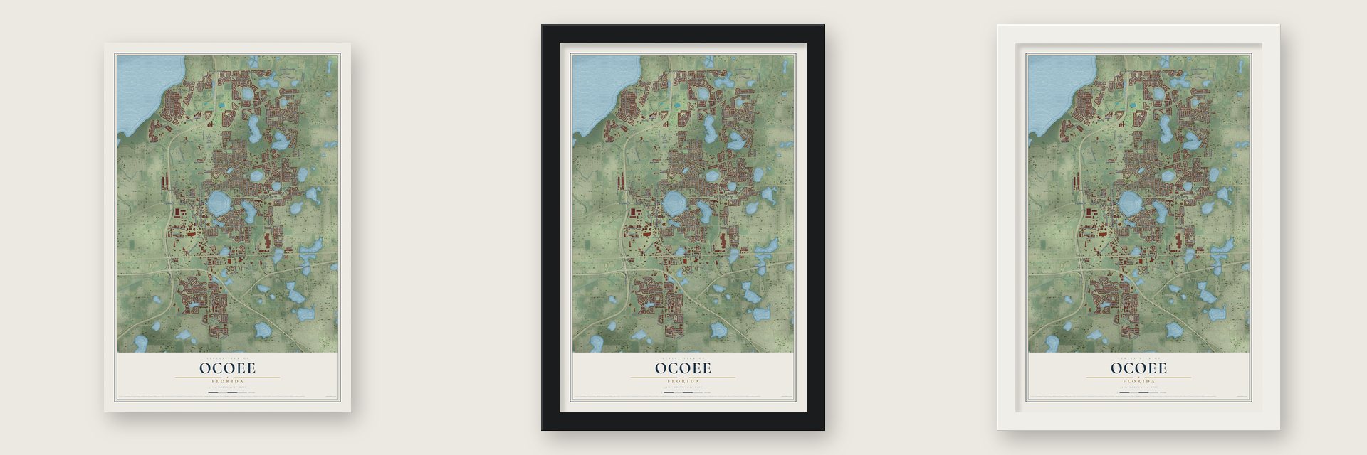 Ocoee, Florida map unframed, in a black wood frame and in a white wood frame