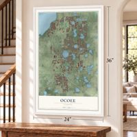 Ocoee, Florida map, 24 x 36 inch print in a white frame by a staircase