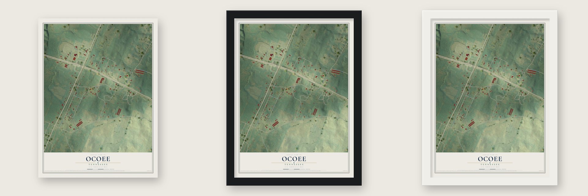 Ocoee, Tennessee map unframed, in a black wood frame and in a white wood frame