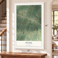 Ocoee, Tennessee map, 24 x 36 inch print in a white frame by a staircase