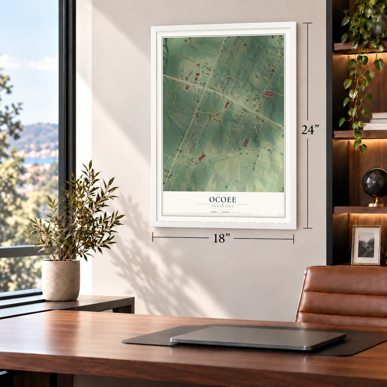 Ocoee, Tennessee map, 18 x 24 inch print in a white frame in a home office