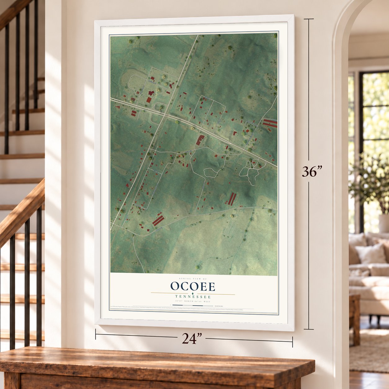 Ocoee, Tennessee map, 24 x 36 inch print in a white frame by a staircase
