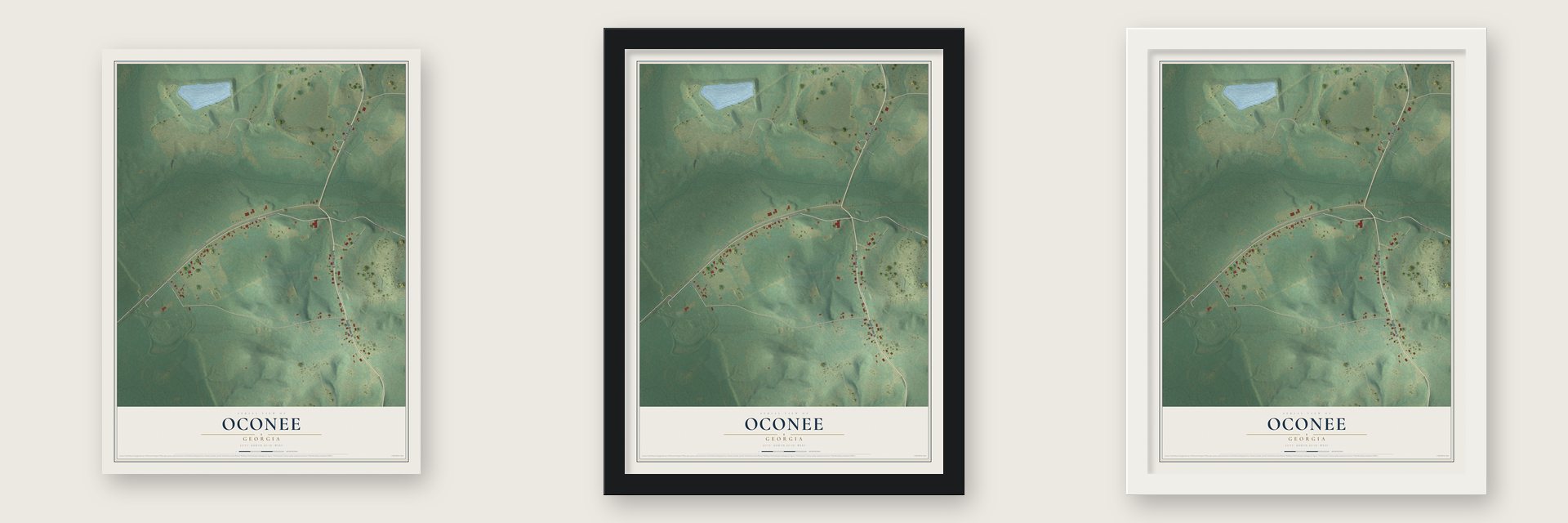 Oconee, Georgia map unframed, in a black wood frame and in a white wood frame