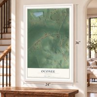 Oconee, Georgia map, 24 x 36 inch print in a white frame by a staircase