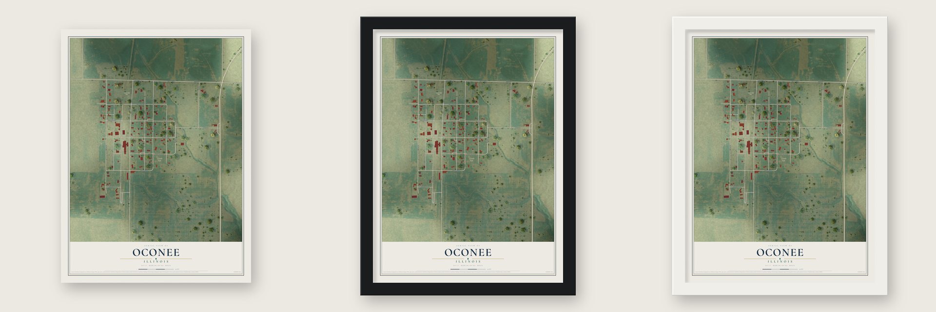 Oconee, Illinois map unframed, in a black wood frame and in a white wood frame