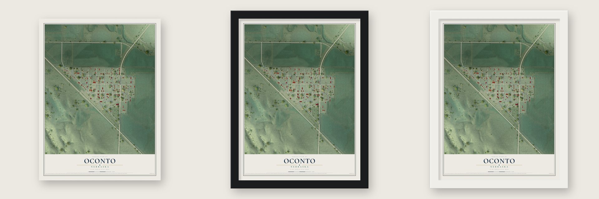 Oconto, Nebraska map unframed, in a black wood frame and in a white wood frame