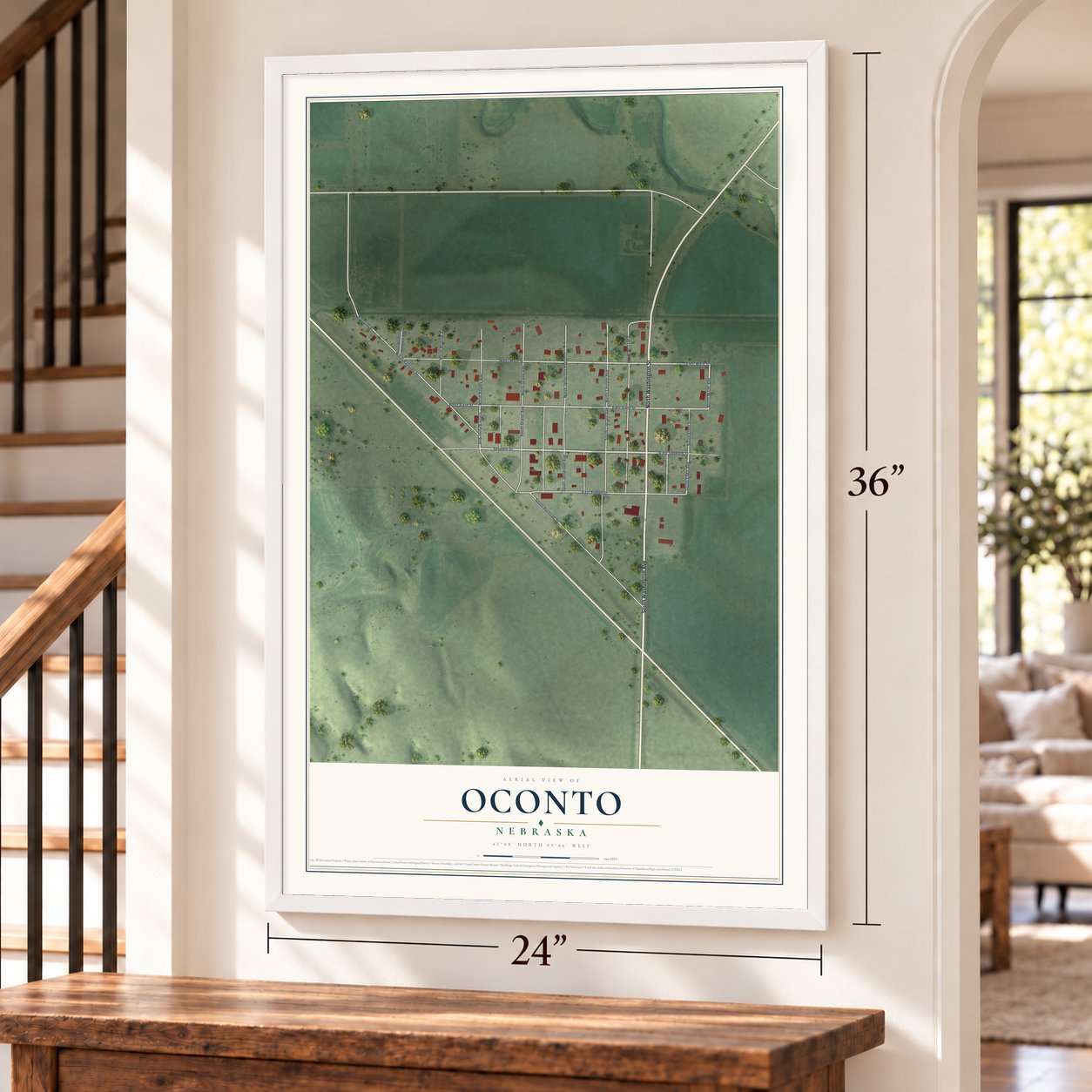 Oconto, Nebraska map, 24 x 36 inch print in a white frame by a staircase