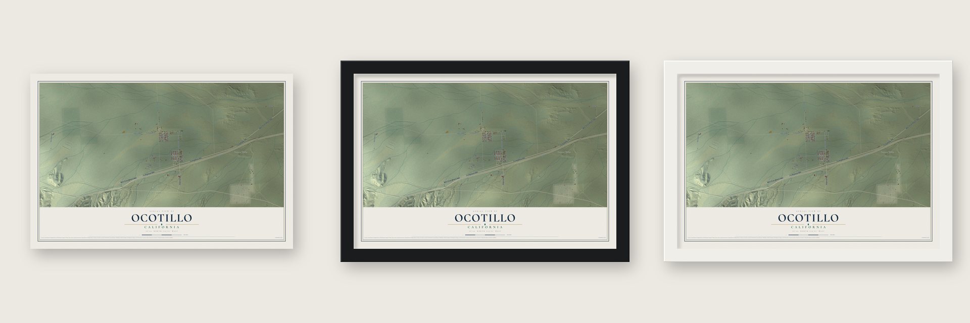 Ocotillo, California map unframed, in a black wood frame and in a white wood frame