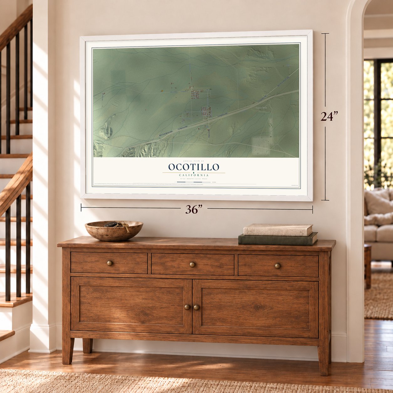 Ocotillo, California map, 24 x 36 inch print in a white frame above a dresser by a staircase