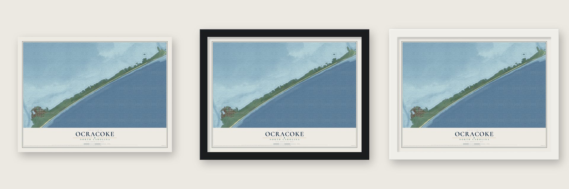 Ocracoke, North Carolina map unframed, in a black wood frame and in a white wood frame