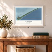 Ocracoke, North Carolina map, 12 x 18 inch print in a white frame in an entryway