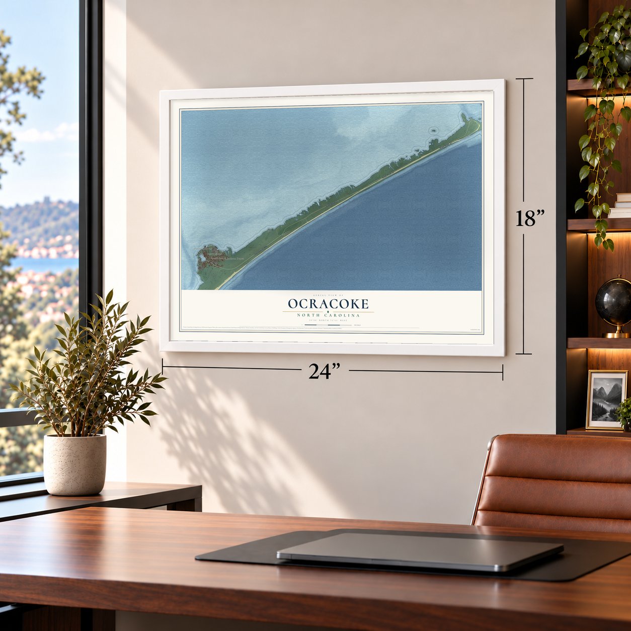 Ocracoke, North Carolina map, 18 x 24 inch print in a white frame in a home office