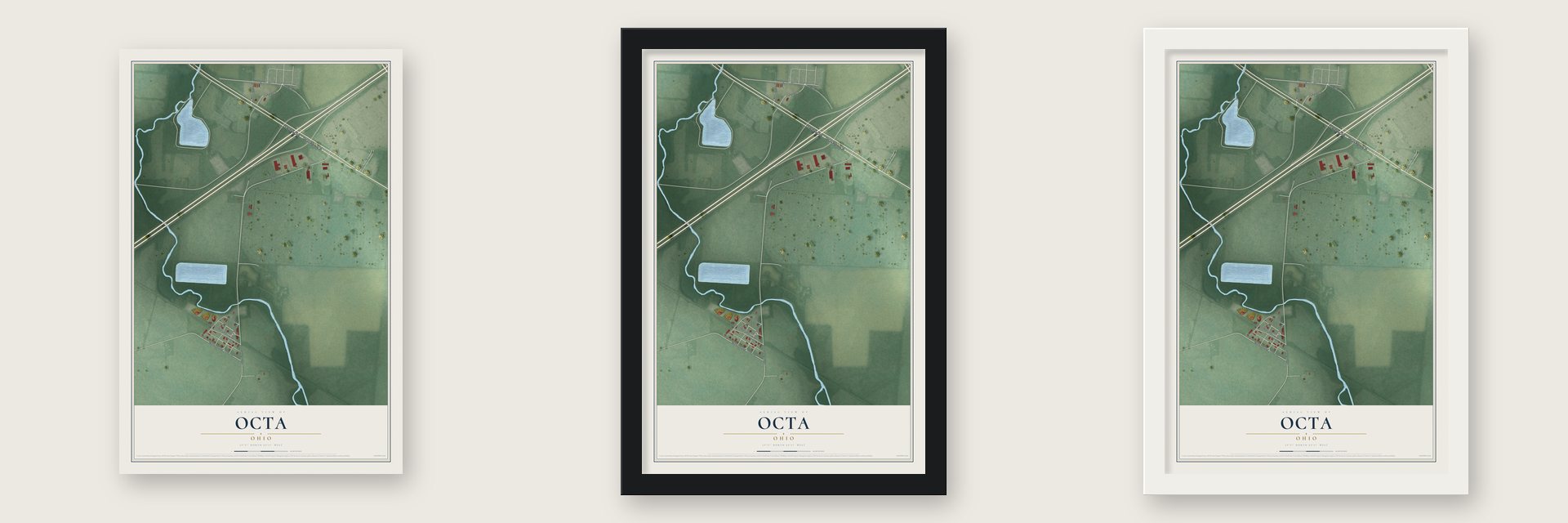 Octa, Ohio map unframed, in a black wood frame and in a white wood frame