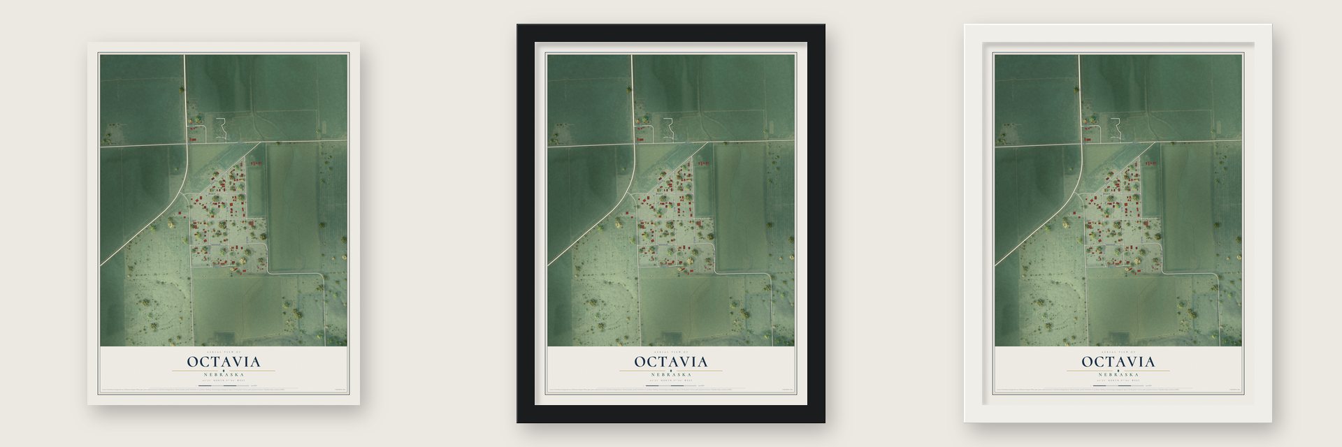 Octavia, Nebraska map unframed, in a black wood frame and in a white wood frame