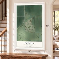 Octavia, Nebraska map, 24 x 36 inch print in a white frame by a staircase
