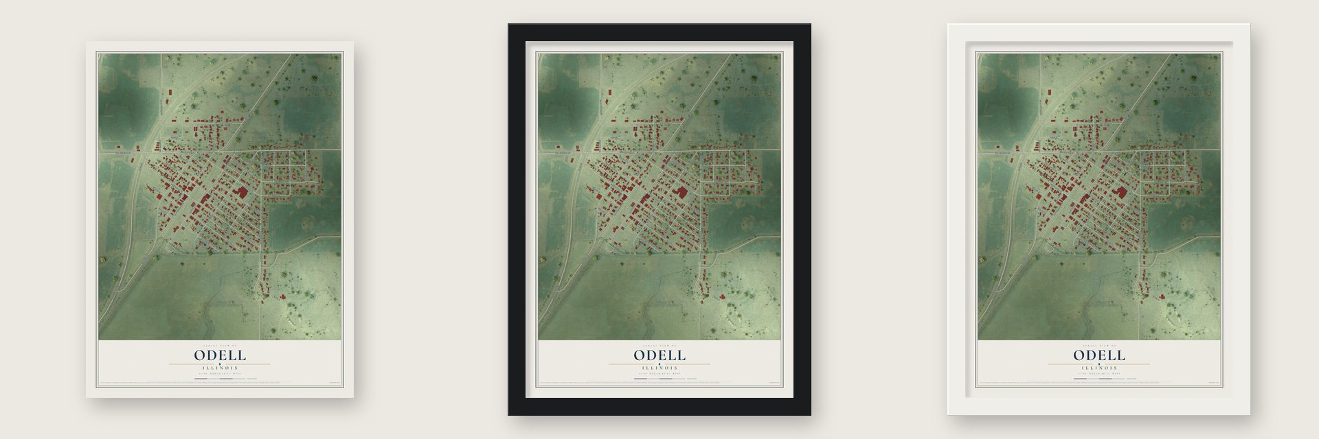 Odell, Illinois map unframed, in a black wood frame and in a white wood frame
