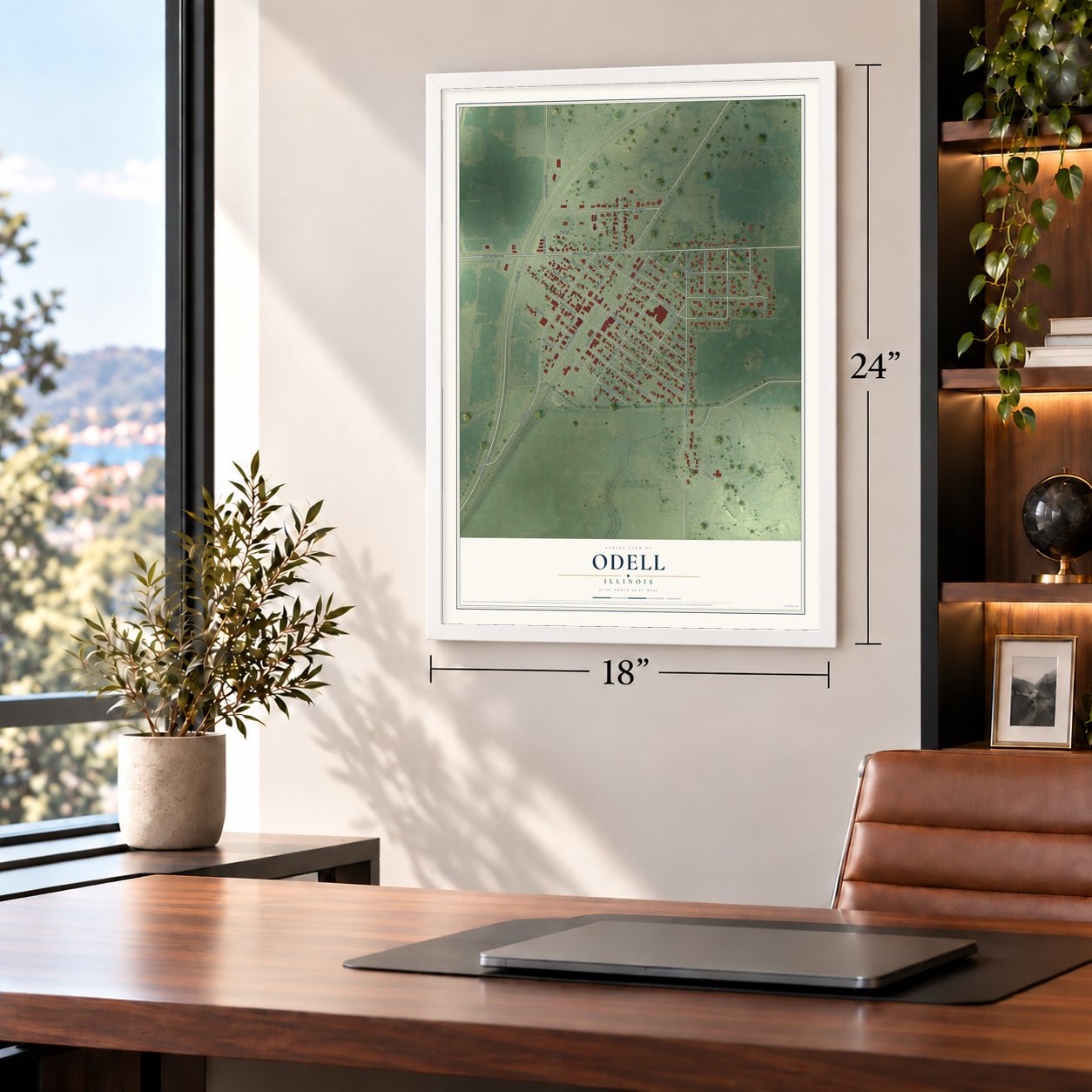 Odell, Illinois map, 18 x 24 inch print in a white frame in a home office