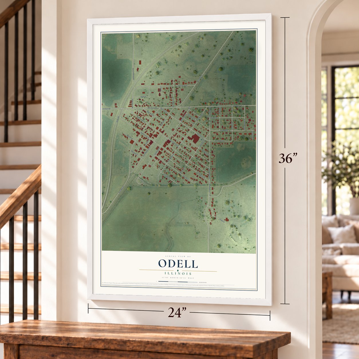 Odell, Illinois map, 24 x 36 inch print in a white frame by a staircase