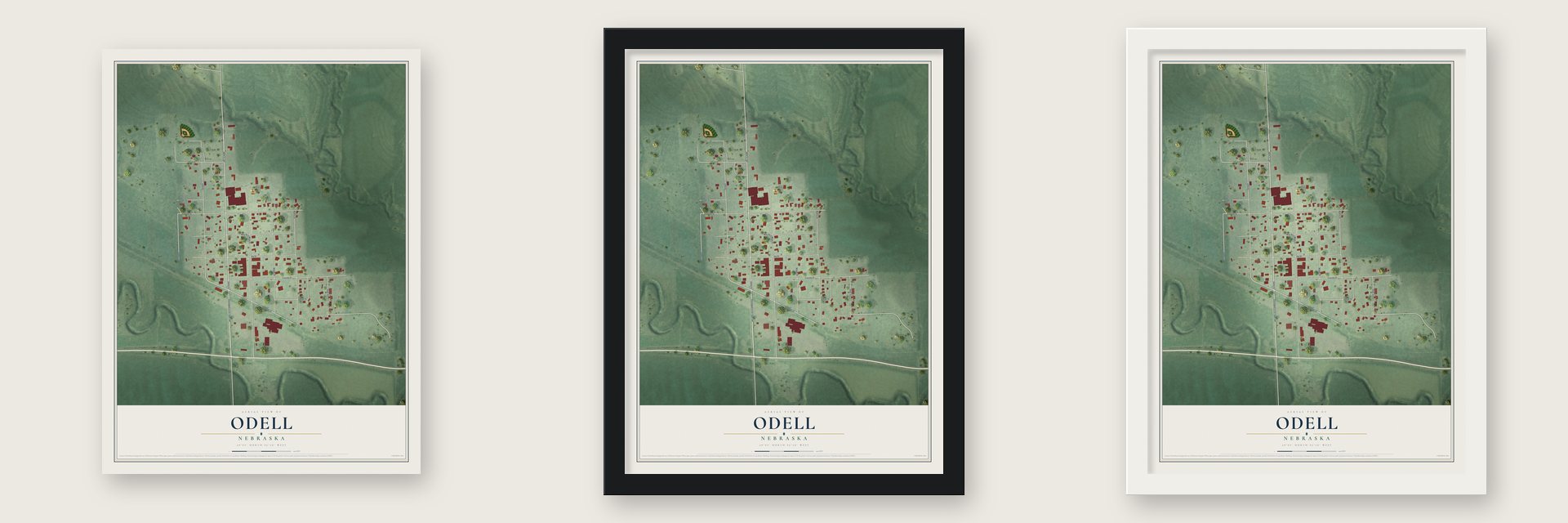 Odell, Nebraska map unframed, in a black wood frame and in a white wood frame