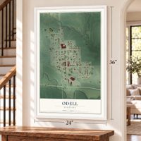 Odell, Nebraska map, 24 x 36 inch print in a white frame by a staircase