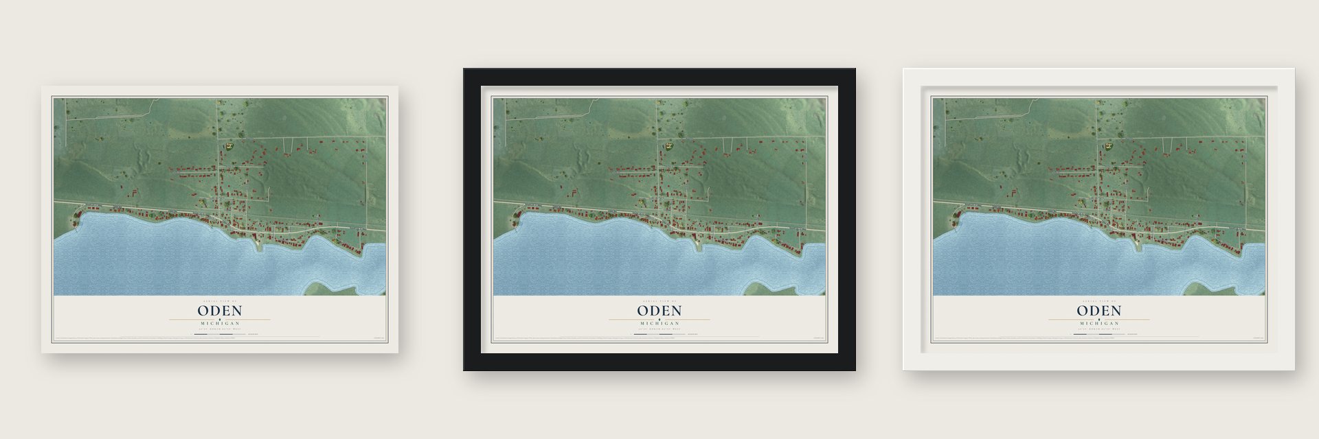 Oden, Michigan map unframed, in a black wood frame and in a white wood frame