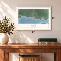Oden, Michigan map, 12 x 18 inch print in a white frame in an entryway