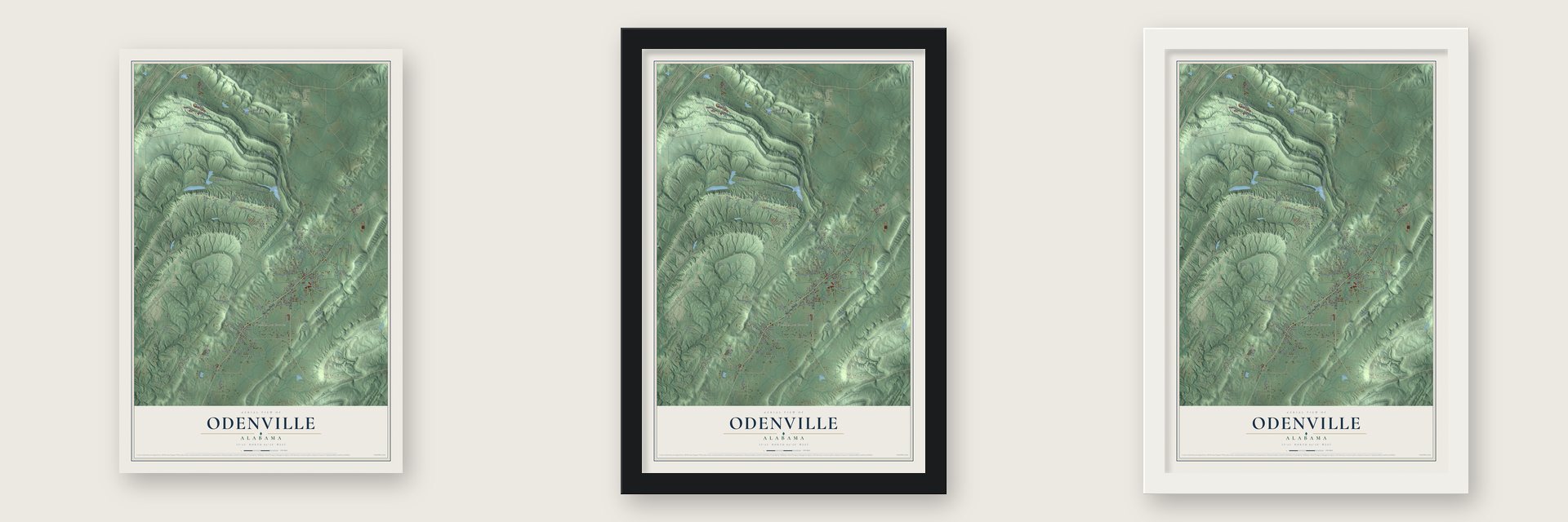 Odenville, Alabama map unframed, in a black wood frame and in a white wood frame