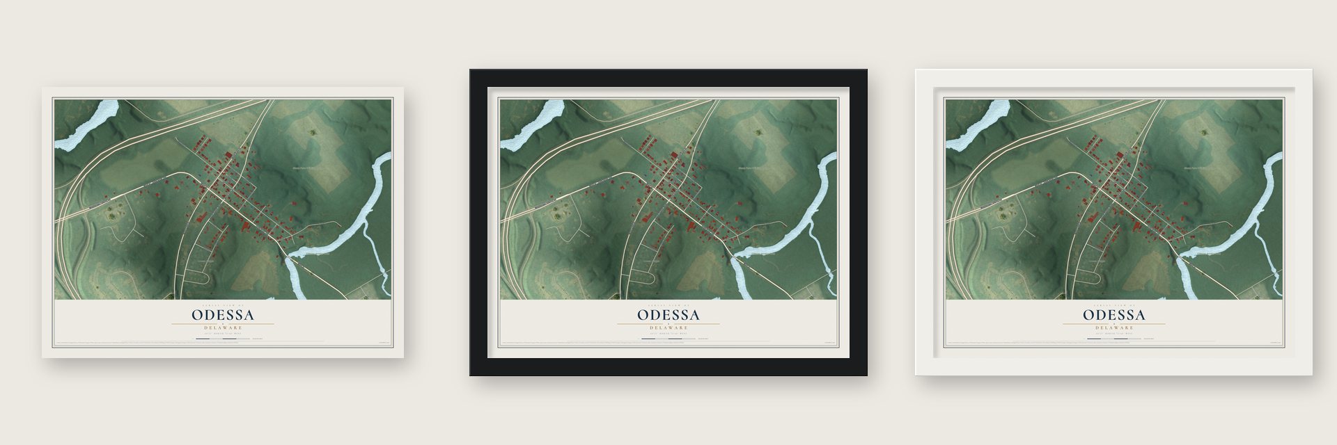 Odessa, Delaware map unframed, in a black wood frame and in a white wood frame