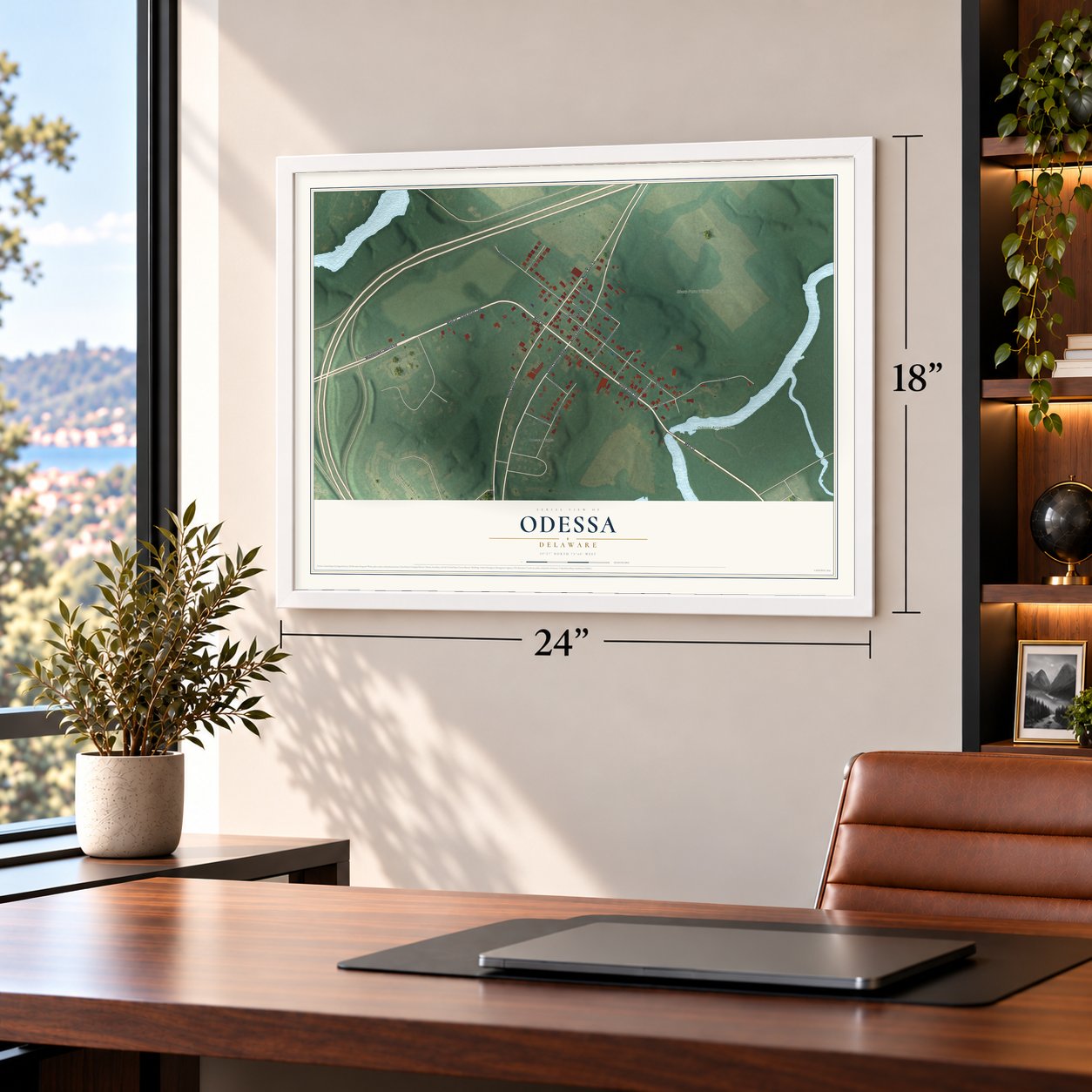 Odessa, Delaware map, 18 x 24 inch print in a white frame in a home office