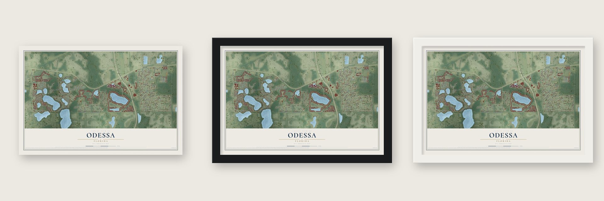 Odessa, Florida map unframed, in a black wood frame and in a white wood frame