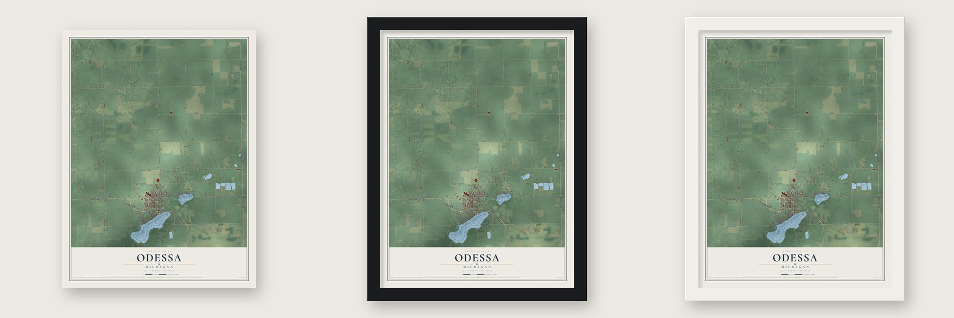 Odessa, Michigan map unframed, in a black wood frame and in a white wood frame