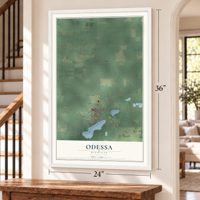 Odessa, Michigan map, 24 x 36 inch print in a white frame by a staircase