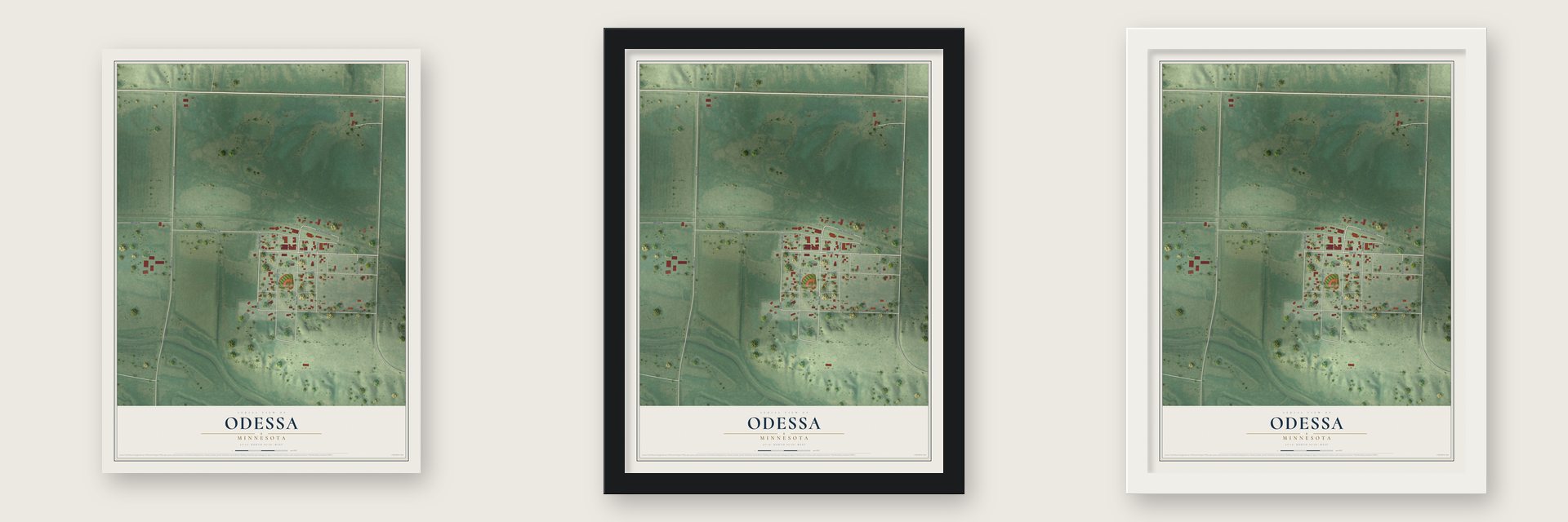 Odessa, Minnesota map unframed, in a black wood frame and in a white wood frame