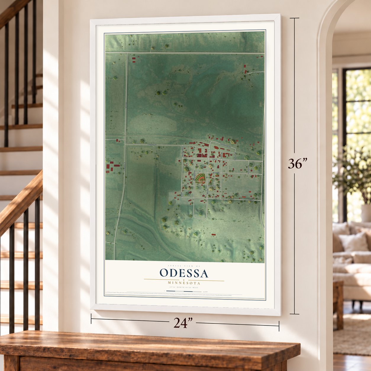 Odessa, Minnesota map, 24 x 36 inch print in a white frame by a staircase