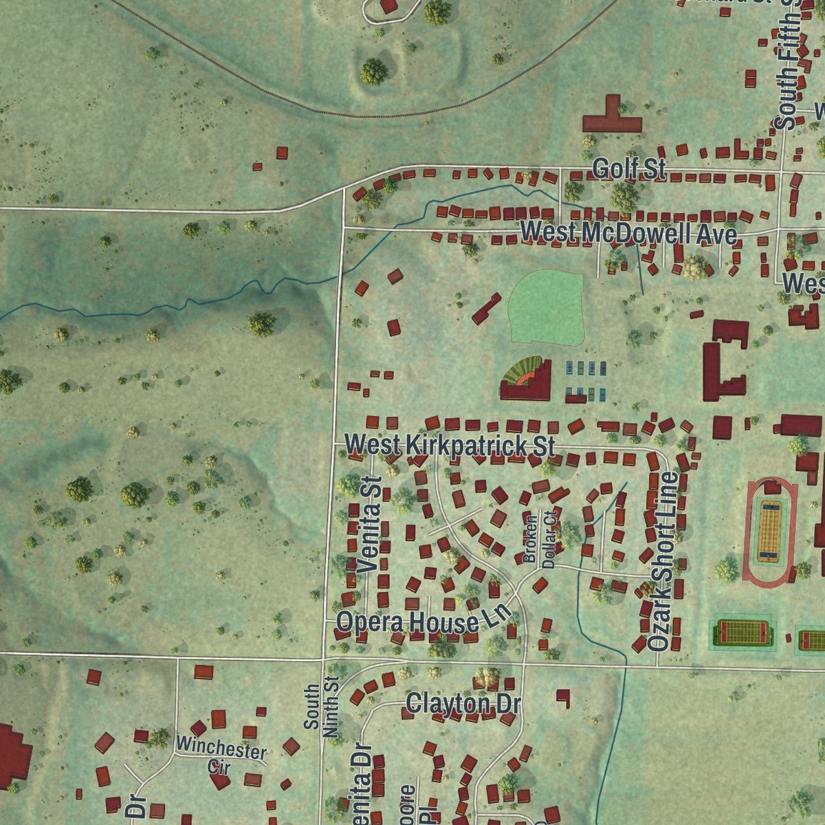 Second close-up of the map of Odessa, Missouri print showing more streets and buildings