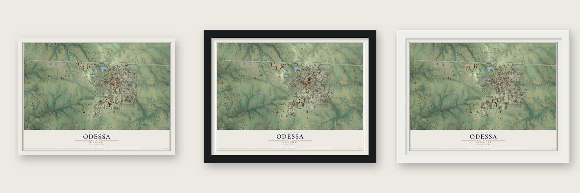 Odessa, Missouri map unframed, in a black wood frame and in a white wood frame