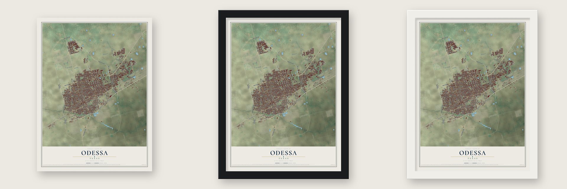 Odessa, Texas map unframed, in a black wood frame and in a white wood frame