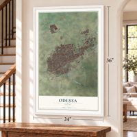 Odessa, Texas map, 24 x 36 inch print in a white frame by a staircase