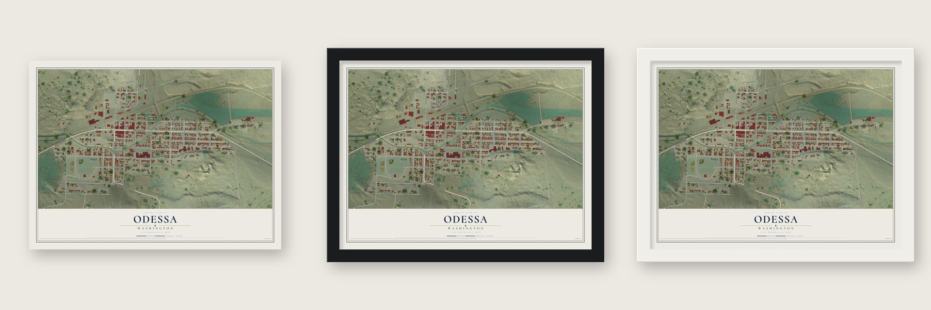 Odessa, Washington map unframed, in a black wood frame and in a white wood frame