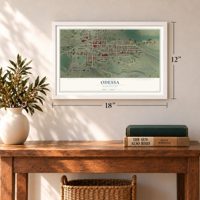 Odessa, Washington map, 12 x 18 inch print in a white frame in an entryway