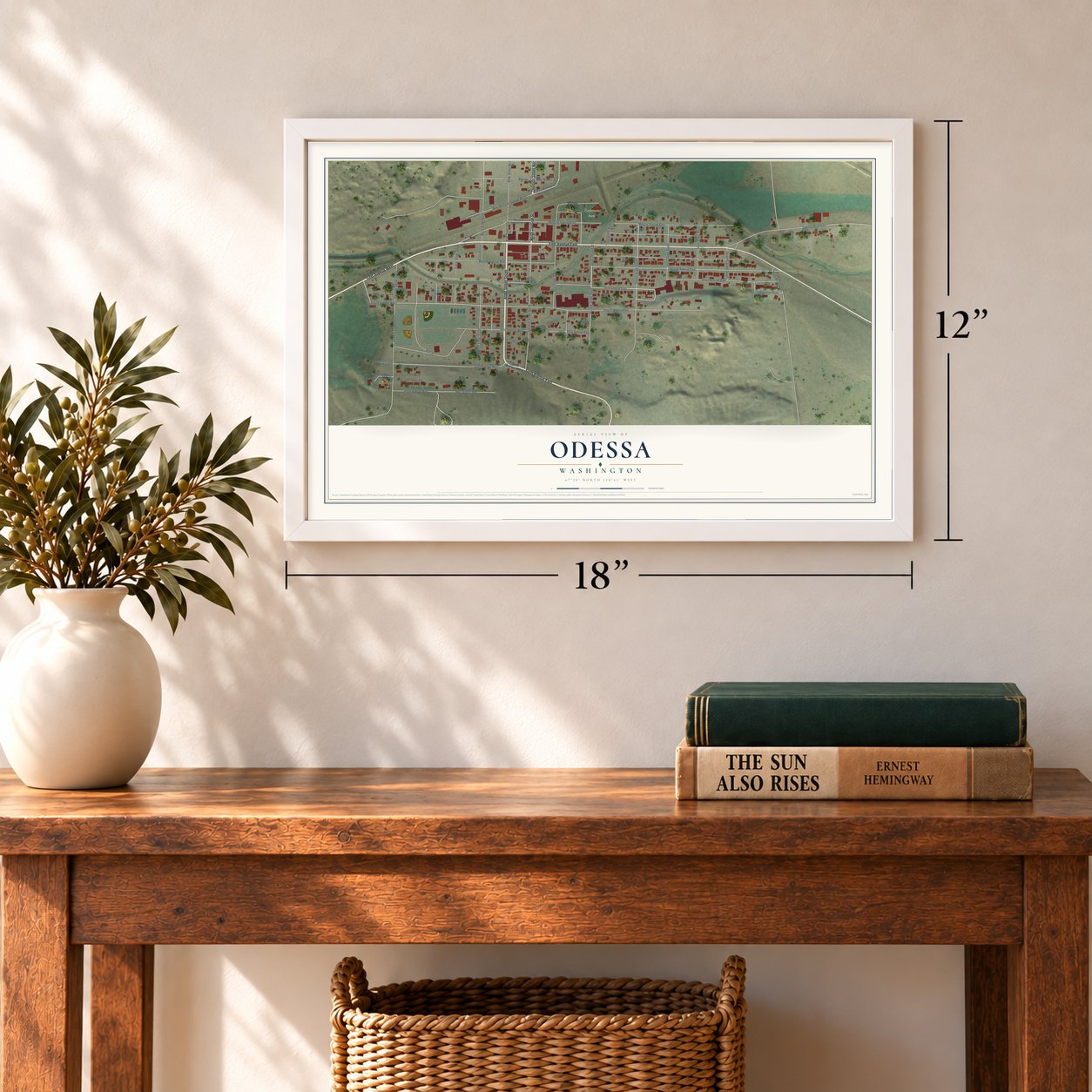 Odessa, Washington map, 12 x 18 inch print in a white frame in an entryway